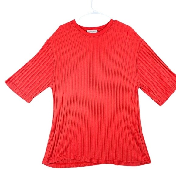 Peta Moda Red Ribbed Knit Short Sleeve Top Stretchy Fitted‎ Shirt XL made Italy - Picture 1 of 6
